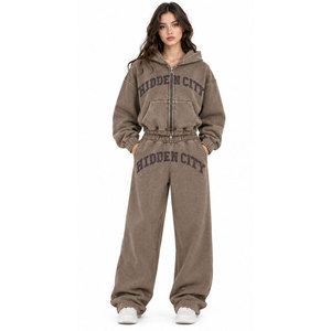 Survêtement marron à capuche pour femme, coupe ample, style décontracté, avec fermeture éclair intégrale, poches latérales et imprimé lettres - Product Image 2