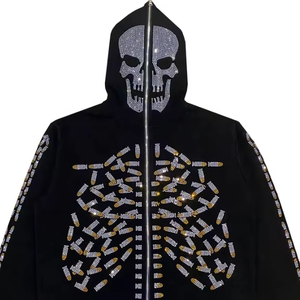 Sweat à capuche zippé intégral sur mesure pour homme, en coton 100%, épais, à séchage rapide, avec imprimé crâne entier en strass, haute qualité, pour l'hiver - Product Image 1