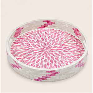 Plateau décoratif rond en nacre de qualité supérieure, motif floral en mosaïque rose, plateau de service pour table basse, vente en gros - Product Image 5