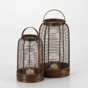 Brown <b>wire</b> metal lanterns cylindrical glass candle holders rounded top handles rustic farmhouse indoor outdoor <b>lighting</b> durable - Product Image 1
