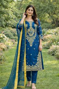 Conjunto de Salwar Kameez Azul Bordado para Mujer, Traje Étnico de Dos Piezas con Dupatta para Bodas y Fiestas - Product Image 3