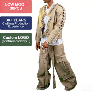 Men's Streetwear Two Piece Set Genuine Leather Breathable Pleated Jacket Wide Leg Cargo <b>Pants</b> Solid Color Full Sleeve Loose Fit - Product Image 1