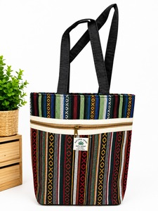 Sac fourre-tout bohème en coton à rayures, sac à dos bandoulière multicolore avec large sangle et fermeture éclair, écologique, unisexe, pour le quotidien - Product Image 1