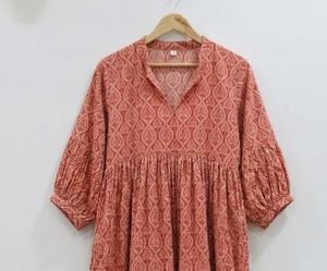 Indian Handmade 100% Cotton V-Neck Puff Sleeve <b>A</b>-<b>Line</b> Midi <b>Dress</b> Hand Block Print Floral <b>Pattern</b> Formal Office Wear Breathable - Product Image 1