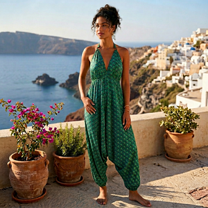 Robe midi en coton imprimé style bohème, col halter, coupe ample, motif géométrique, décontractée d'été, tissée, sans manches, ourlet asymétrique, élastique - Product Image 1