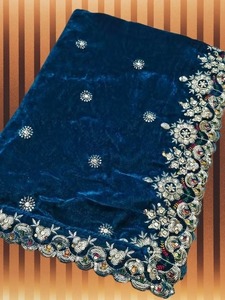 Luxury Light Blue Velvet Bridals Dupattas Heavy Gold Zari <b>Sequin</b> Embroidery Wedding Gifts Birthday <b>Shawls</b> Womens Traditional - Product Image 2