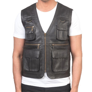 Gilet en cuir grande taille pour homme, gilet de moto sans manches en cuir de vachette tendance avec fermeture éclair, gilet respirant - Product Image 1