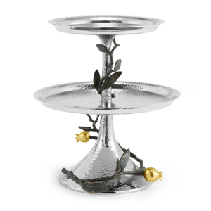 2-Tier Metal Cake Stand Round Stainless Steel & Brass Flourished Design With Crystal Flower Embellishment Decorative Home Table - Product Image 4