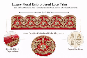 Luxury Traditional Floral Embroidered Eco-Friendly <b>Lace</b> Trim Zari Bead Work <b>Red</b> Fabric for Bridal Wear Sarees Couture Garments - Product Image 6