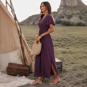 Robe longue violette pour femme à col en V et manches volantées |   Robe longue élégante décontractée pour soirée d'été avec taille froncée et fente latérale - Product Image 3