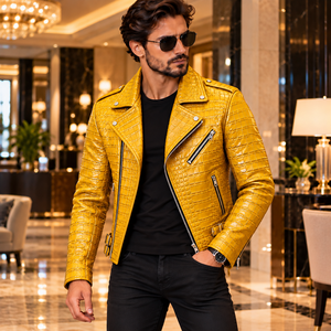 Veste de motard en cuir véritable gaufré crocodile jaune de luxe pour homme – Veste de mode moto haut de gamme - Product Image 3