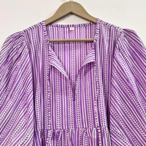 Robe formelle vintage en coton écologique, imprimée à la main, col en V, manches 3/4, ourlet à volants en dentelle, lavable, motif floral - Product Image 2