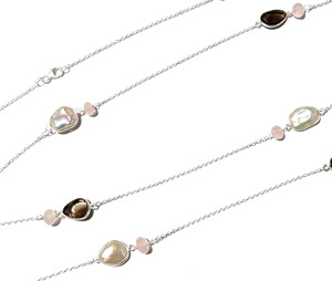 Natural Freshwater Pearl Rose & Smoky Quartz Snake <b>Chain</b> 925 Sterling <b>Silver</b> Handmade Certified Beaded Wedding Gift Necklace - Product Image 2
