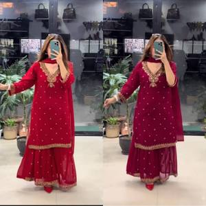 Salwar Kameez en rayonne bordeaux pour femme avec broderie dorée, tenue de mariage traditionnelle indienne et pakistanaise, longueur cheville, coupe classique - Product Image 2