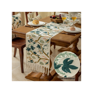 Classic Floral Jacquard Cotton 280 GSM Double Sided <b>Table</b> <b>Runner</b> with Embroidered Border 40x220 Cm Washable Home Decor - Product Image 5