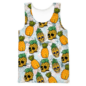 Camiseta sin mangas con estampado floral de calaveras de piña para hombre, cuello redondo, informal, transpirable, diseño estampado verde y rosa - Product Image 4