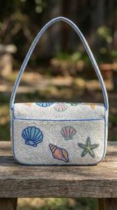 Sac à bandoulière de luxe pour femme, bleu, brodé de perles, mignon, à rabat carré, durable, avec motif de fruits, en tissu de coton, capacité 1L - Product Image 2