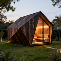 Cabine de sauna extérieure géométrique moderne, sauna en bois brûlé pour 4 à 6 personnes avec verre du sol au plafond et éclairage LED