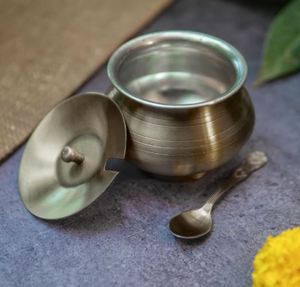 Pure Brass Ghee Pot with Lid & Spoon 350 ML Traditional Matte Finish Brass Container with Tin Coating Ideal for Ghee - Product Image 2