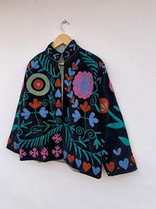 Chaqueta Bomber Corta de Terciopelo Marrón, Bordada con Diseño Suzani, Acolchada, Transpirable, Ecológica, Hecha a Mano, Estilo Bohemio, para Otoño e Invierno - Product Image 5