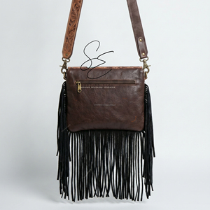 Handmade Western Tooled Leather Crossbody Bag Real Cowhide Fur Fringe Handbag Vintage Boho Shoulder Bag for Women Cowgirl <b>Purse</b> - Product Image 5