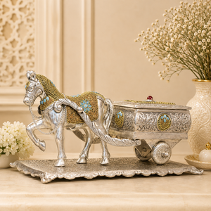 Centre de table royal indien traditionnel en métal gaufré, motif chariot de chevaux et pierre sculptée, décoration de luxe artisanale - Product Image 1
