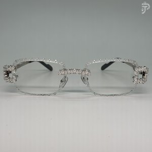 White Rectangle <b>Eyeglasses</b> with Moissanite Diamond Handmade Women's Luxury Accents and Rhodium Plated Frame - Product Image 1