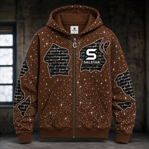 Sweat-shirt à capuche marron zippé personnalisé pour homme avec strass – Sweat-shirt streetwear haut de gamme avec impression graphique et logo personnalisé - Product Image 3