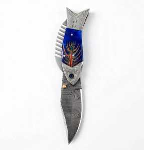 Cuchillo Plegable de Acero de Damasco Hecho a Mano por Iron Crown Forge, Diseño de Pez, Hoja Deslizante de 18 cm, Azul - Product Image 5