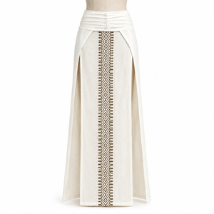 Designer Boho Maxi <b>Skirt</b> | Women's Ruched Waist Ethnic Embroidery Side Slit A Line Long Cotton <b>Skirt</b> Vacation Resort Casual Wear - Product Image 1