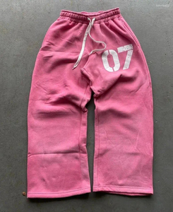 Custom Pink Distressed Vintage Sweatpants Men Graphic Print Wide Leg Joggers Casual Streetwear Loose Fit Comfortable Pants OEM - Product Image 1