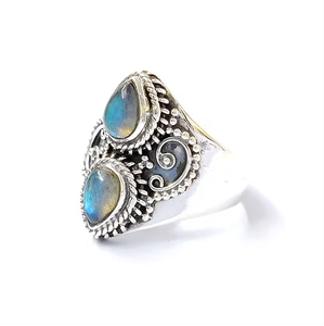 Vintage Style Double Teardrop <b>Labradorite</b> Gemstone 925 Silver Handmade Wide Band <b>Ring</b> Daily Wear - Product Image 2