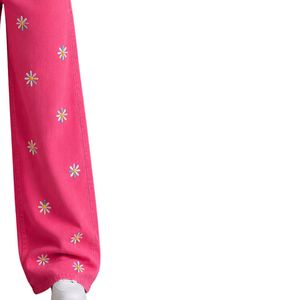 Vaqueros anchos de mujer de cintura alta con bordado floral rosa intenso, corte holgado, estilo casual urbano, personalizados. - Product Image 4