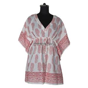 100% Cotton Women Sleepwear Hand Block Printed Kaftan Dress KFCS133 Light Weight Women Casual Occasion Wear Short Caftan Dresses - Product Image 2