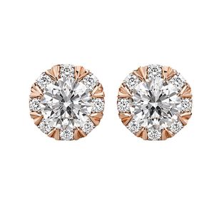 Elegant floral inspired halo diamond stud earrings in 18K <b>rose</b> gold with round center stone and petal accent diamonds for sparkl - Product Image 1