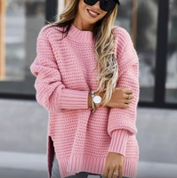 Sweter Rajut Wanita Kerah Setengah Tinggi Lengan Panjang Tebal Model Sambung Warna Solid Kasual Belahan Samping Pullover Kantor Wanita Elegan