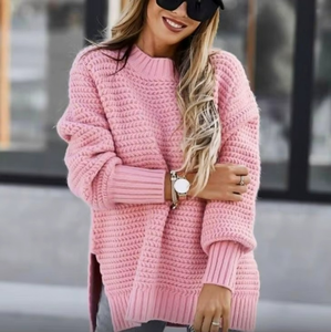 Knit Sweaters Women Half High Collar Full <b>Sleeve</b> Thick Splice <b>Jumpers</b> Solid Casual Split Pullovers Office Lady Elegant - Product Image 3