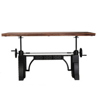 Table de salle à manger vintage robuste de style industriel rustique en bois d'acacia massif avec plateau à bords naturels et base en métal à manivelle avec rivets
