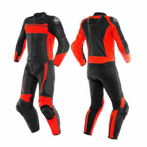 Combinaison de course moto pour homme, manches longues, couleur contrastée noir et rouge, en cuir, coupe-vent, pour toutes les saisons - Product Image 1