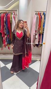 Designer French Crepe with Real-<b>Mirror</b> & Butti work Readymade Suit-Plazzo-Shaded Dupatta Set Wholesale Supply Indian Exporter - Product Image 3