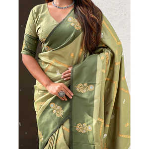 Sari de Seda Suave Verde Pista de Elite Weaves, Diseño Zig Zag con Bordado Zari, Vestidos Elegantes de Noche - Product Image 5