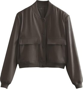 Women's Solid Color PU Leather Bomber <b>Jacket</b> Full <b>Sleeve</b> Stand Collar Patch Pocket <b>Short</b> Length Autumn Wear - Product Image 1