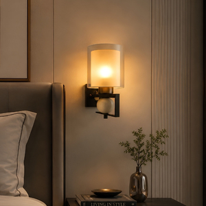 Contemporary Geometric Antique <b>Brass</b> Metal LED Wall Lamp Double Glass Cylinder Ceramic Sphere Detail for Bedside Entryways - Product Image 1