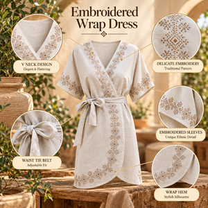 Embroidered Wrap <b>Dress</b> V Neck Short Sleeve Waist Tie Belt Boho Floral <b>Pattern</b> Casual Summer Beach Vacation Wear | Ethnic Style - Product Image 5
