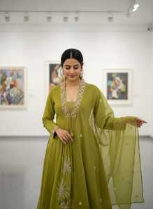 Conjunto de Traje Anarkali de Algodón Verde con Bordado Floral, Largo hasta el Suelo, Ropa Étnica Tradicional para Mujer, India, Pakistán, Boda, Secado Rápido - Product Image 4