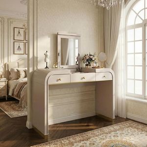 Champagne Classic Wood Vanity <b>Desk</b> for <b>Bedroom</b> 3-in-1 Dressing Table with Flip Mirror and 2 Drawers for Makeup Storage - Product Image 1