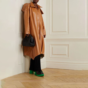 High Quality Women's Genuine Leather Asymmetric <b>Maxi</b> Trench <b>Coat</b> Shirt Collar Button Front Autumn Style Women's Long Trench <b>Coat</b> - Product Image 3