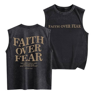 Camisetas sin mangas cristianas para hombre, camisetas sin mangas con estampado 'Faith Over Fear', camisetas de gimnasio con lavado ácido, camisetas deportivas con corte muscular, camisetas religiosas - Product Image 1