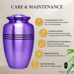 Urne funéraire en métal violet mat pour cendres humaines adultes |   Bandes noires au design moderne |   Capacité écologique de 220 pouces cubes - Product Image 5