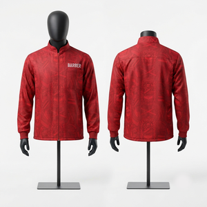 Chaqueta de Barbero Premium de Poliéster Interlock de 280 GSM, Color Rojo con Estampado Completo, Logotipo Personalizado, Cierre Completo - Product Image 1